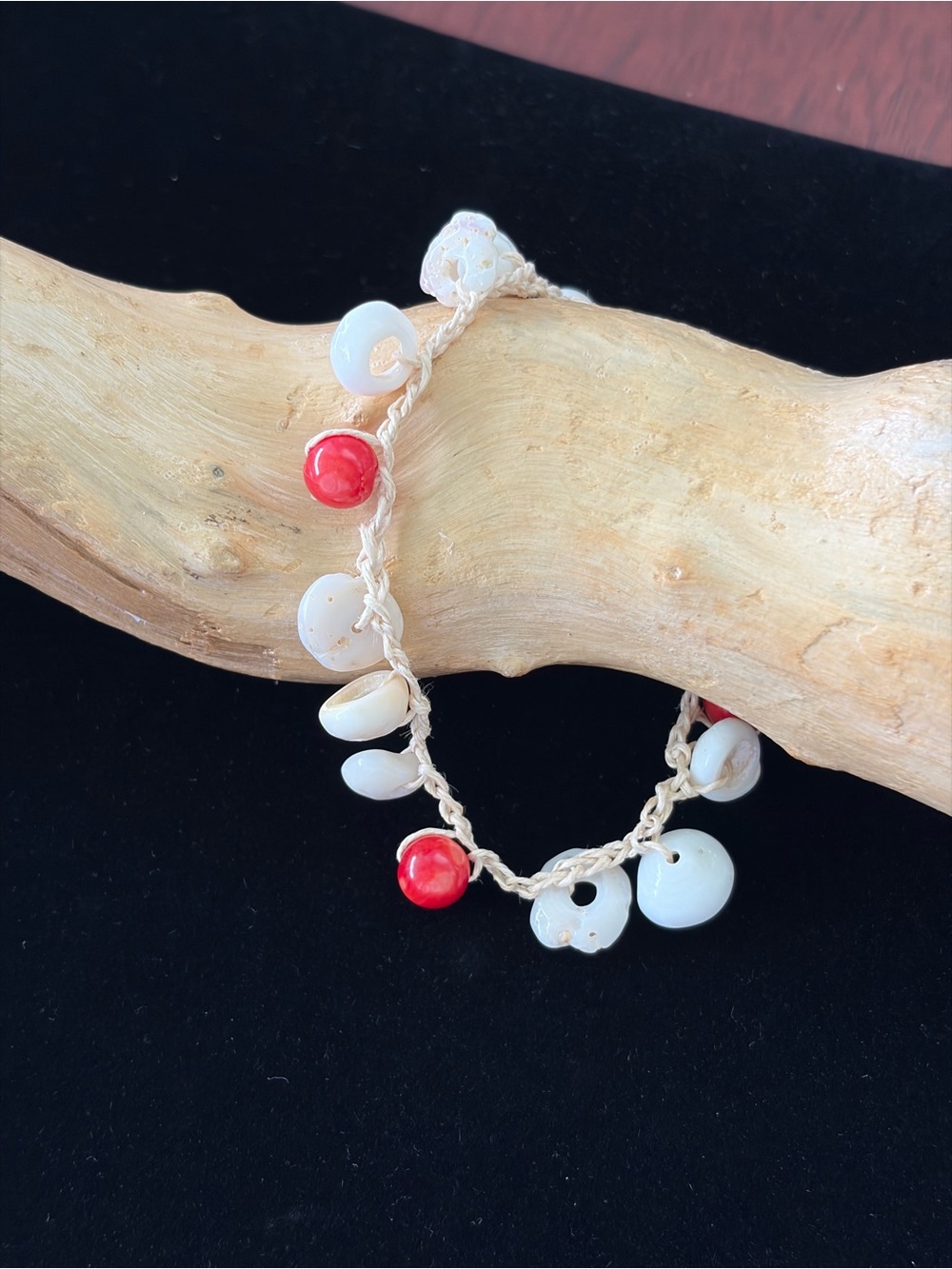Handmade Puka Shell Crocheted Bracelet with Dyed Red Coral Beads